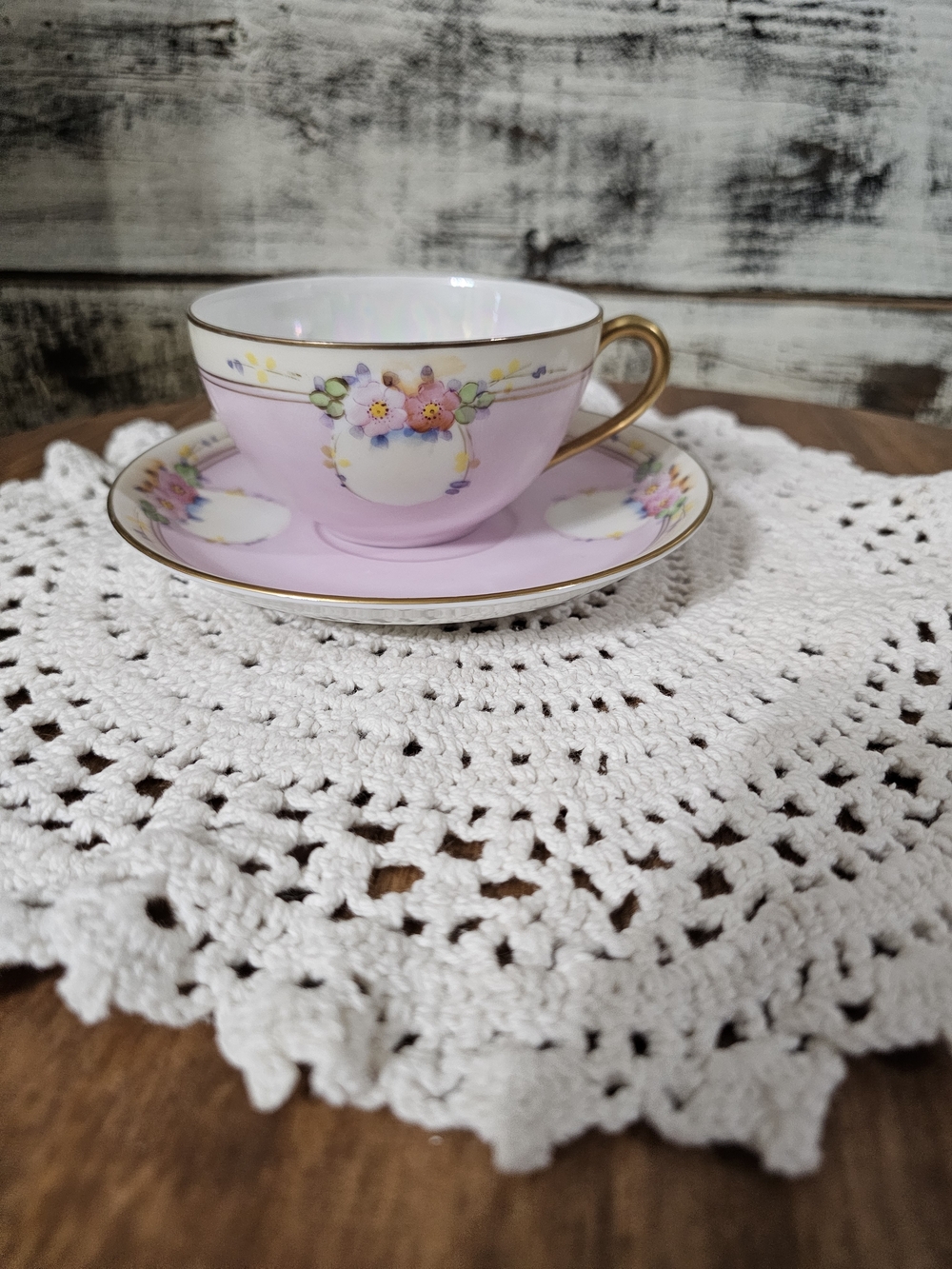 Pink Floral Gold-Trim Teacup and Saucer